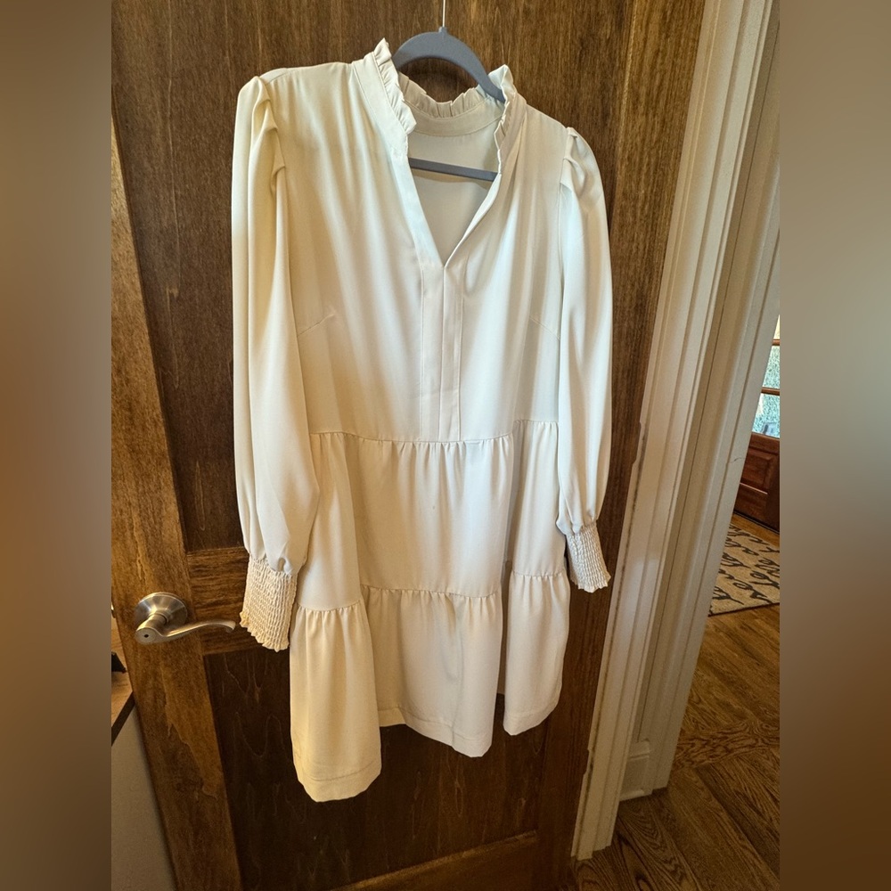Cream Long Sleeve Tiered Smock Dress with Ruffle Collar and pockets!